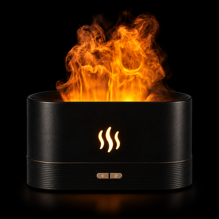 Soft Mist USB Aroma Diffuser on a black background with a warm flame-like mist