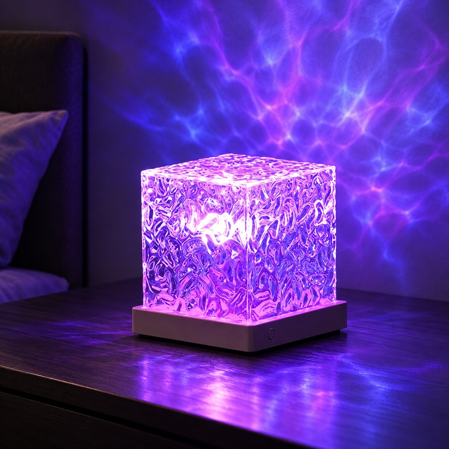 Faceted RGB ripple projector lamp on a dark table with violet-blue ambient glow