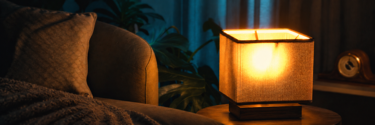 Cozy living room with a warm amber table lamp, dark sofa, teal wall, and subtle soft focus
