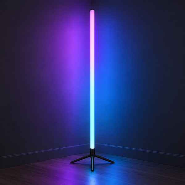 Slim RGB corner floor lamp against a charcoal wall with subtle violet-blue lighting