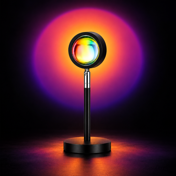 Sunset Lamp casting a warm RGB glow onto a black wall