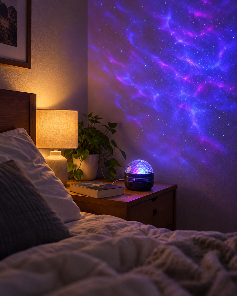 Compact Starry Sky Projector Lamp on a bedside table projecting a subtle blue-violet starfield